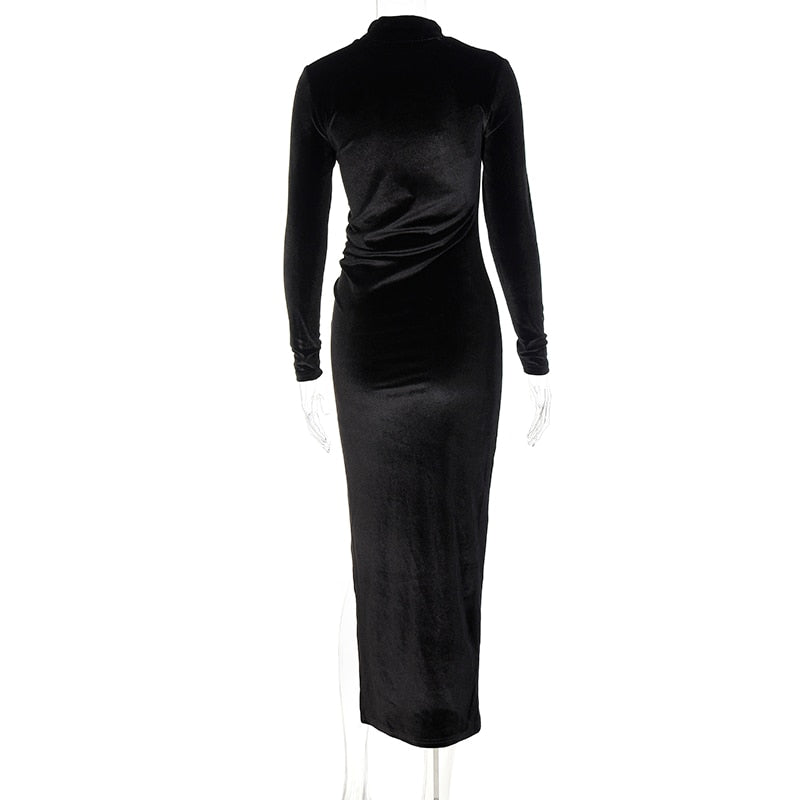 Women Velvet Long Sleeve Ruched Midi Dress Side Slit Bodycon Streetwear