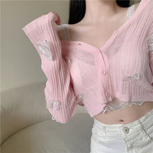 Butterfly Knit Cardigans Women V-Neck Crop Tops Ladies Summer Thin Long Sleeved