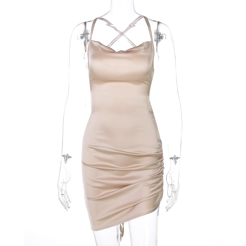 Satin-Frauen-Träger-Minikleid mit Rüschen, Schnürung, Kreuzbandage, rückenfrei, figurbetont, sexy Party, elegant