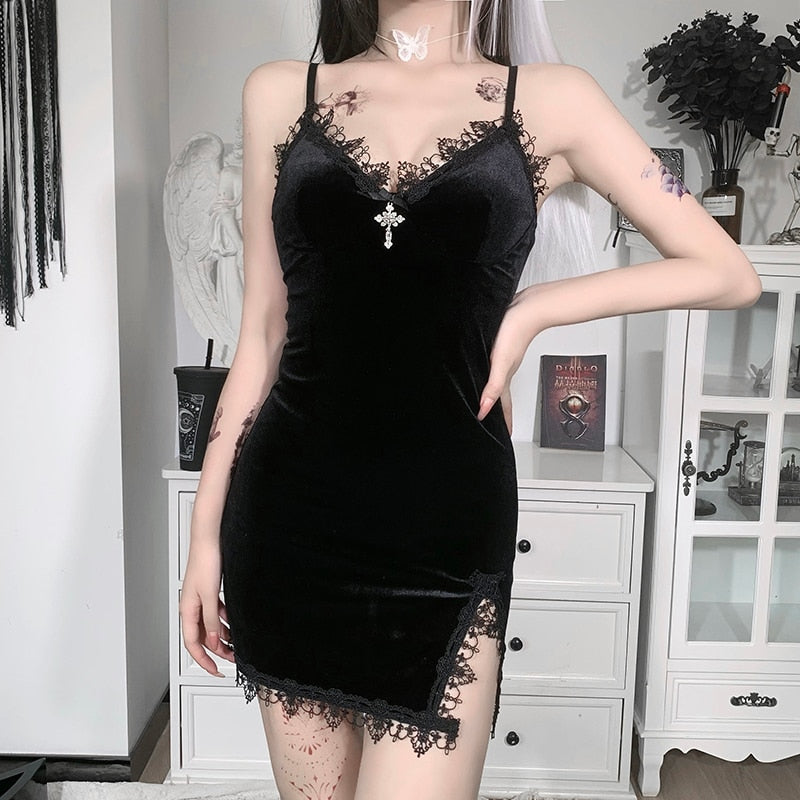 Gothic Dark Cross Black Mini Dress Vintage Sexy Spaghetti Strap High Waist Slit Dresses