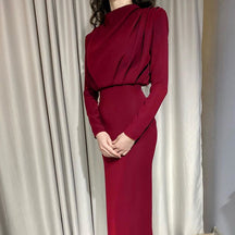 Elegant Women Dress Stand Collar Slim Waist Solid Ankle Length Autumn Long Sleeve Dress