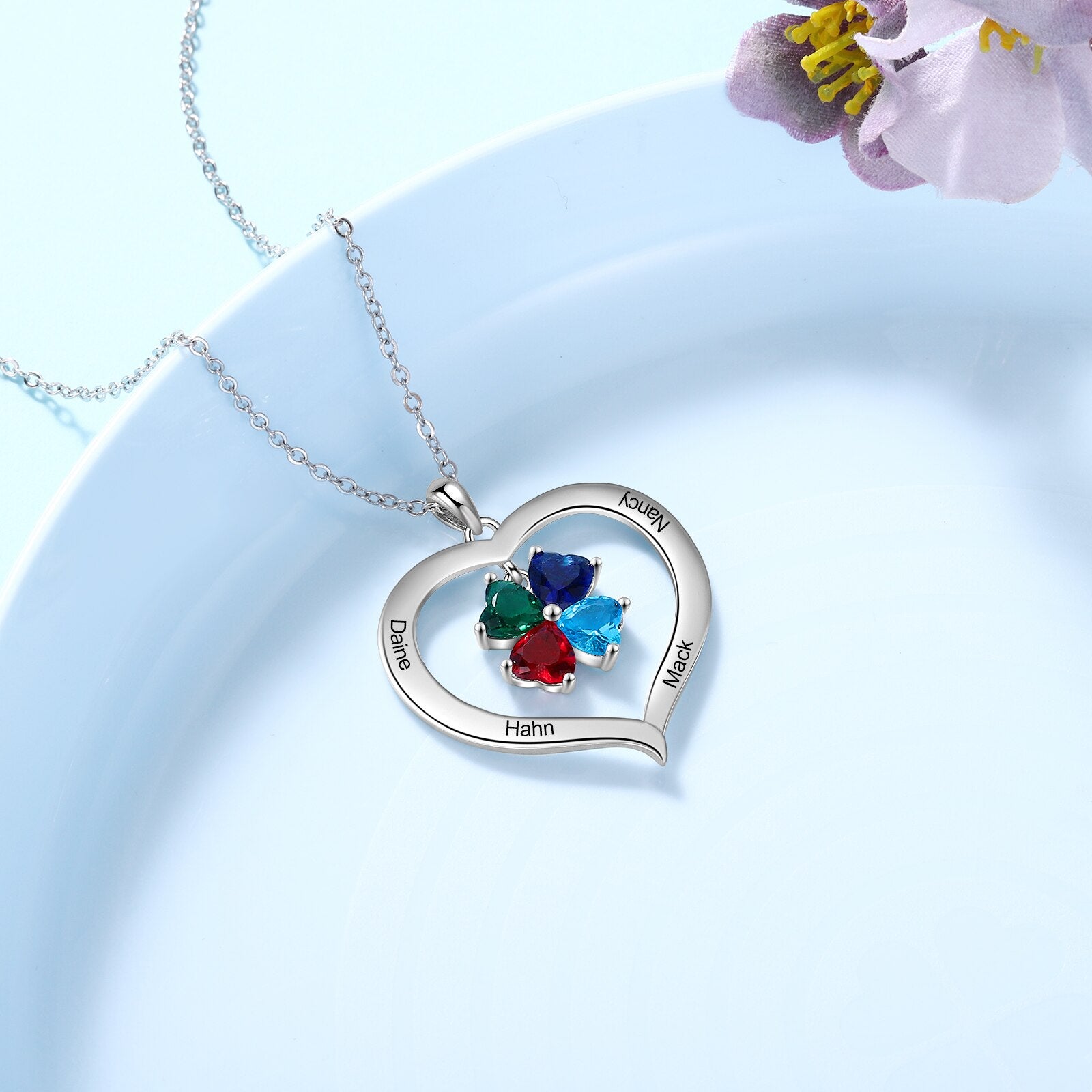 Personalized Heart Name Necklace with 1-8 Engraving Birthstone Pendant