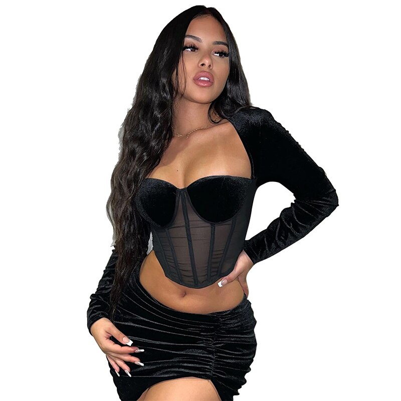 Velvet Mesh Long Sleeve Corset Out Crop Top Ruched Mini Dress 2 Pcs Set Bodycon