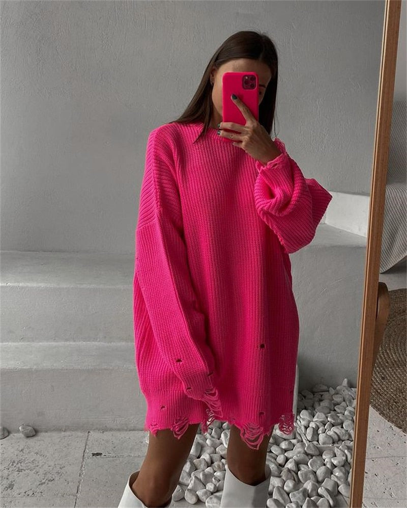 O Neck Oversized Mini Knitted Women Sweater Loose Dresses Autumn Winter Long Sleeve