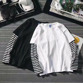 Fake Two Striped Color Matching Stitching Long Sleeve Women  T-shirt Hip Hop Style Bottoming Shirt