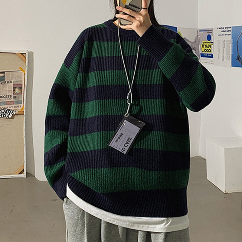 Autumn Winter Knitted Striped Sweater Casual Oversized Pullovers Sweaters