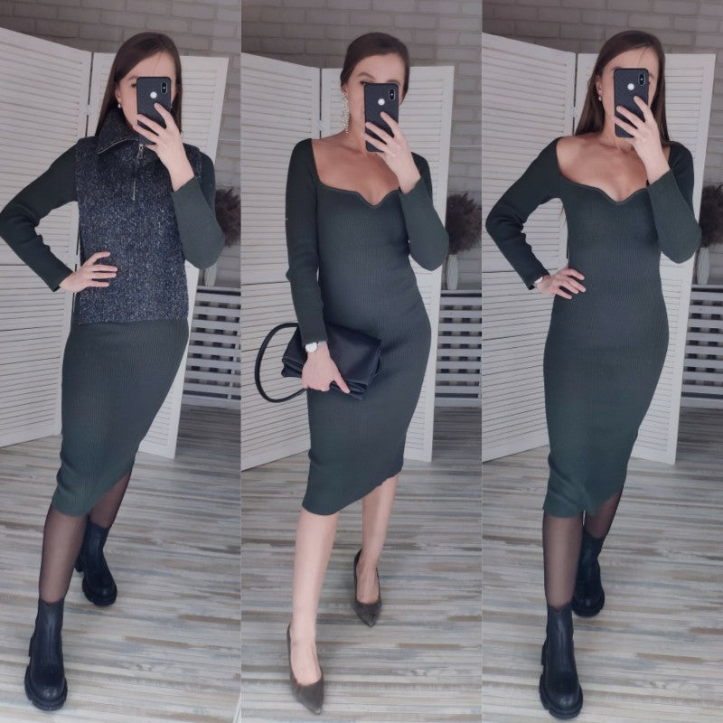 Strapless Ribbed Knitted Bodycon Dress Women Winter Long Sleeve Midi Sweater Dress