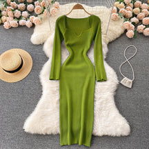 Strapless Ribbed Knitted Bodycon Dress Women Winter Long Sleeve Midi Sweater Dress