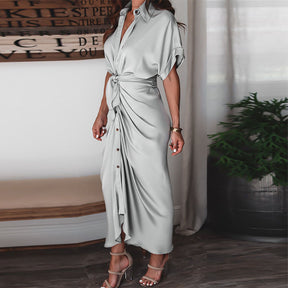 Women Summer Short Sleeve Slit Long Dress Turn-down Collar Elegant Button Draped Party Dresses