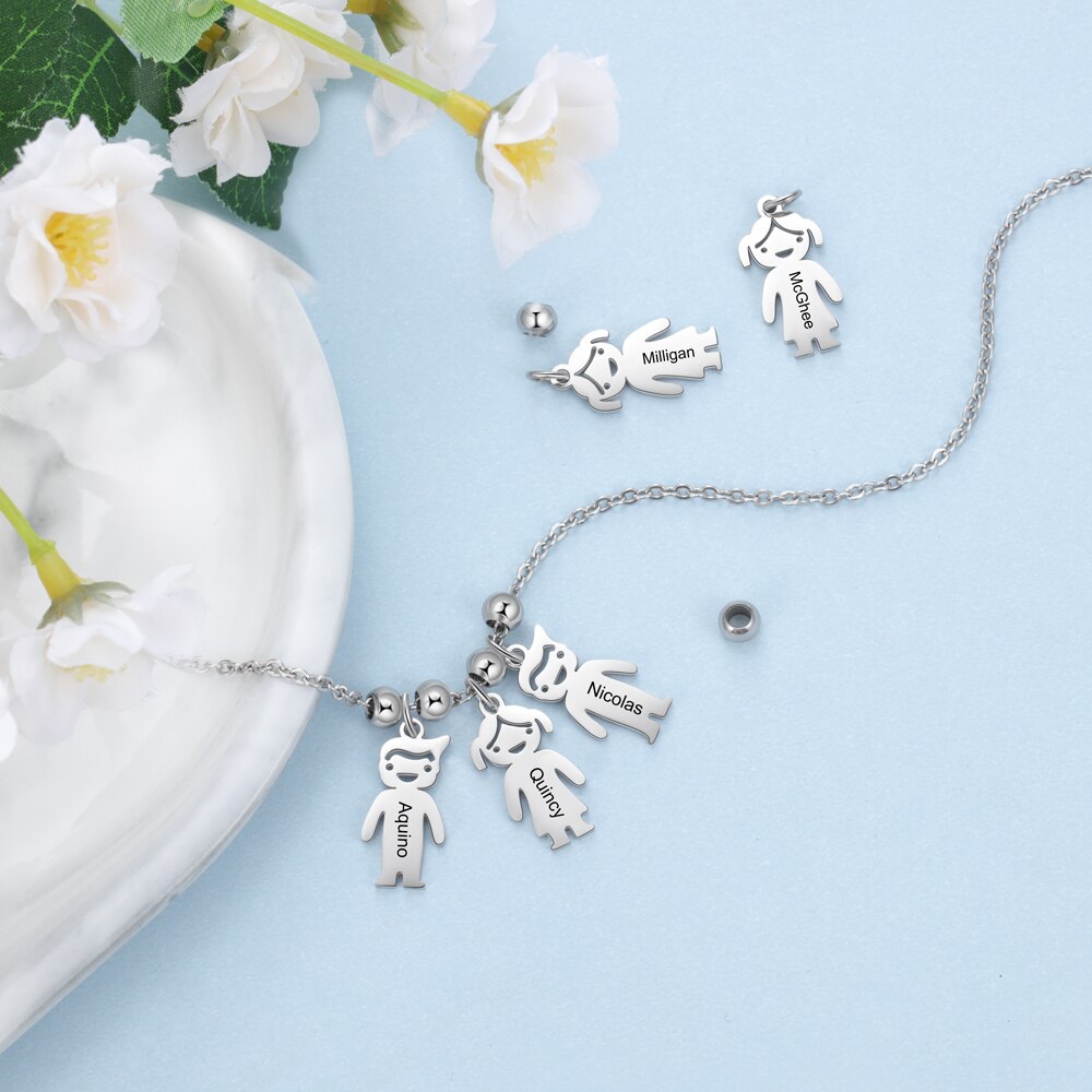 Personalized Engraved Name Necklace with Boy Girl Charms