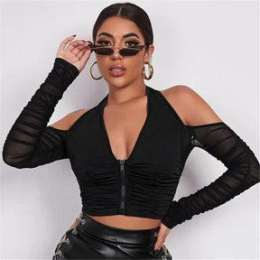 Sexy V-neck Mesh T-shirt Tops Cropped Summer Women See Through Off Shoulder Long Sleeve