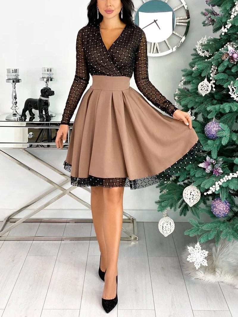 Shiny Sequin Diamond Mesh Stitching Dress Women Spring Autumn Sheer Long Sleeve Belted Slim A Line Dresses