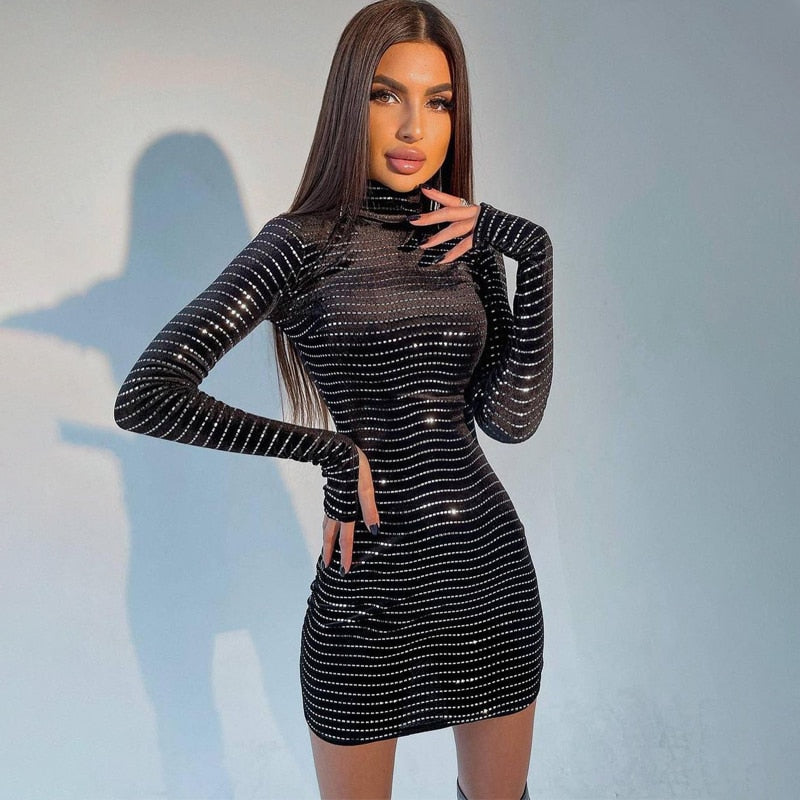 Sequins Long Sleeve Turtleneck Bodycon Slim Sexy Mini Dress Party Club Y2K