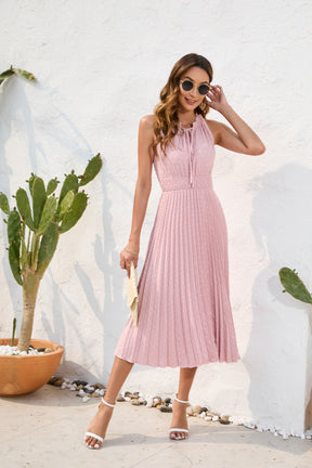 Tie High Waist Pleated Pom Dress Sleeveless Summer Dress