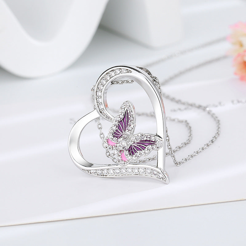 Fashion Ladies Heart Butterfly Diamond Pendant Necklace