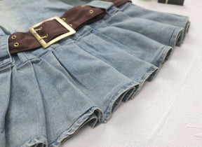 2023 Sommer abnehmbarer Gürtel Denim Plissee Bandeau Denim Kleid