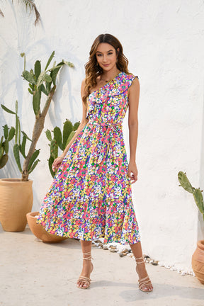 Slanted Shoulder Strap Floral Print Dress Casual Holiday Swing Dress