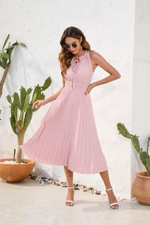 Tie High Waist Pleated Pom Dress Sleeveless Summer Dress