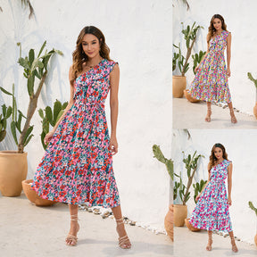 Slanted Shoulder Strap Floral Print Dress Casual Holiday Swing Dress