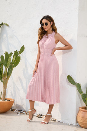 Tie High Waist Pleated Pom Dress Sleeveless Summer Dress