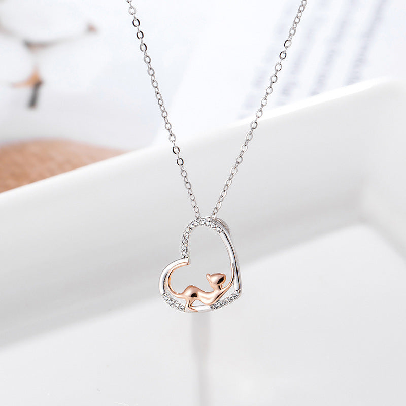 Accessori in argento sterling Collana in argento con diamanti a forma di gatto con ciondolo a forma di cuore da donna