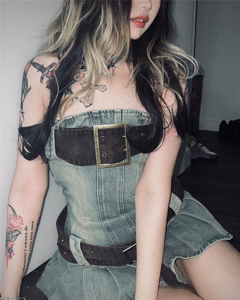 2023 Sommer abnehmbarer Gürtel Denim Plissee Bandeau Denim Kleid