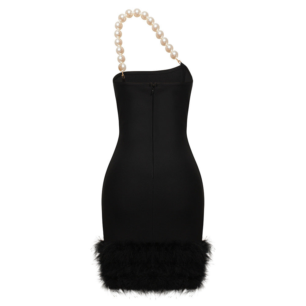 Sexy Tube Top Pearl One Shoulder Feather Decoration Cover Hip Bandage Dress