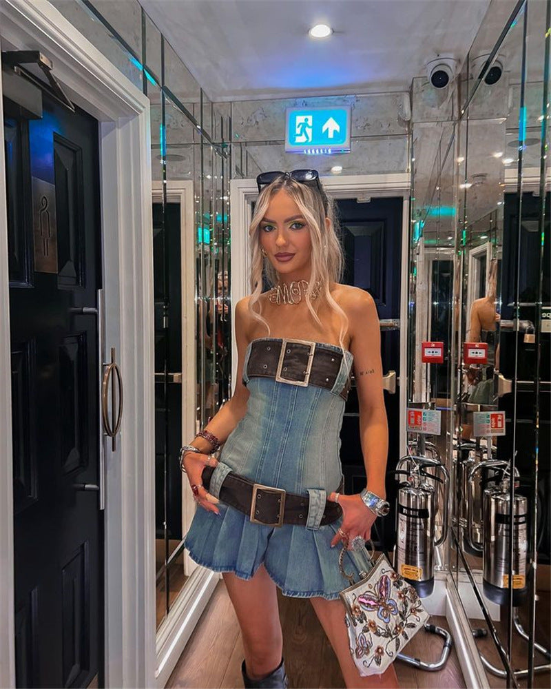 2023 summer detachable belt denim pleated bandeau denim dress