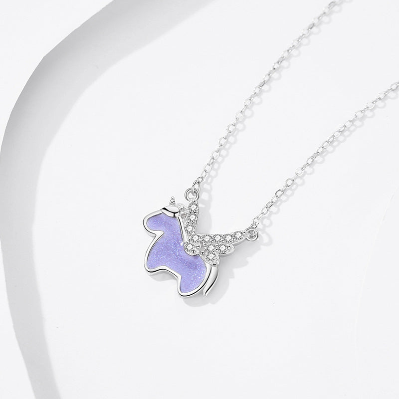 Cartoon Unicorn Necklace Women's Sterling Silver Clavicle Chain Cold Enamel Pendant