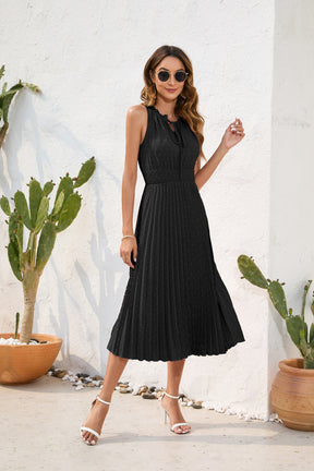 Tie High Waist Pleated Pom Dress Sleeveless Summer Dress