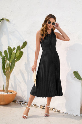 Tie High Waist Pleated Pom Dress Sleeveless Summer Dress