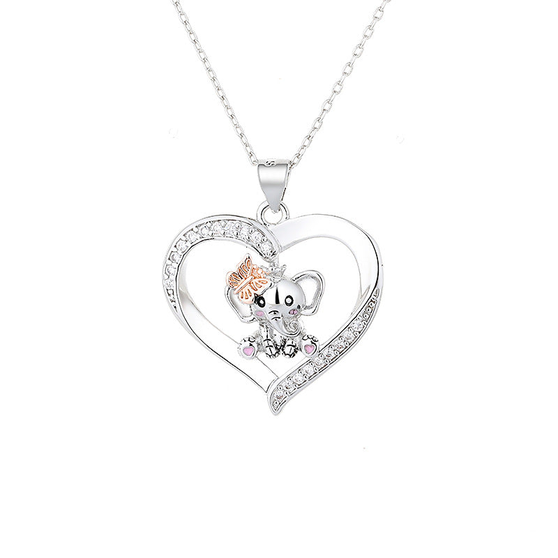 Collana in argento sterling 925 con elefante a forma di cuore e farfalla per bambini o fidanzata