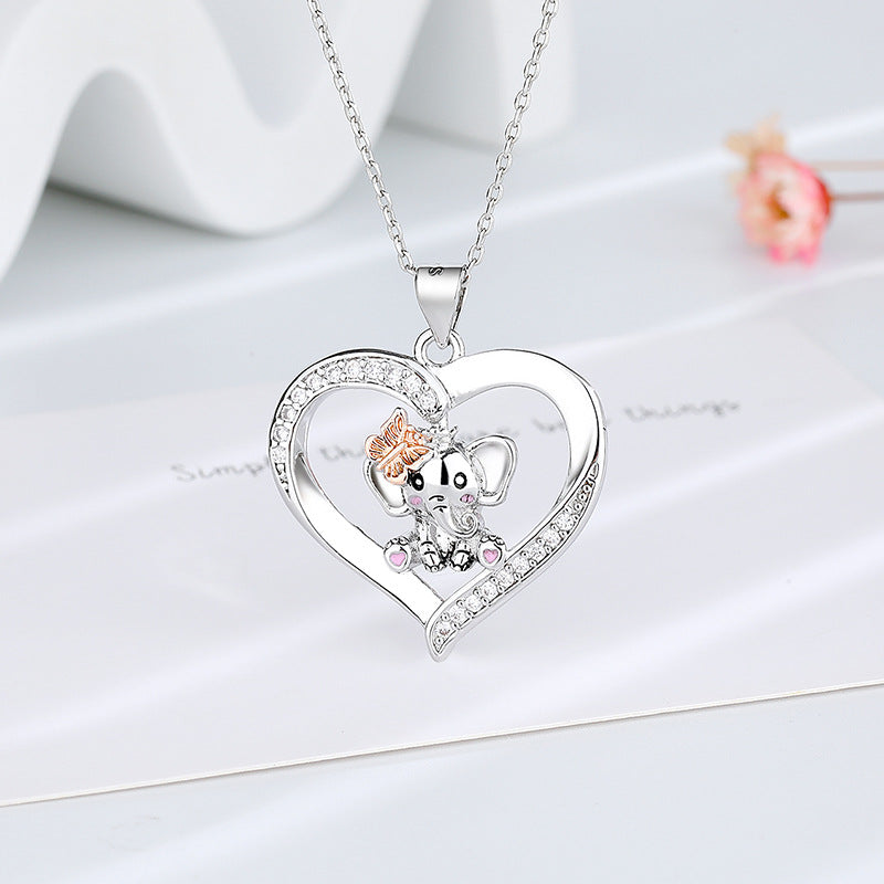 Collana in argento sterling 925 con elefante a forma di cuore e farfalla per bambini o fidanzata