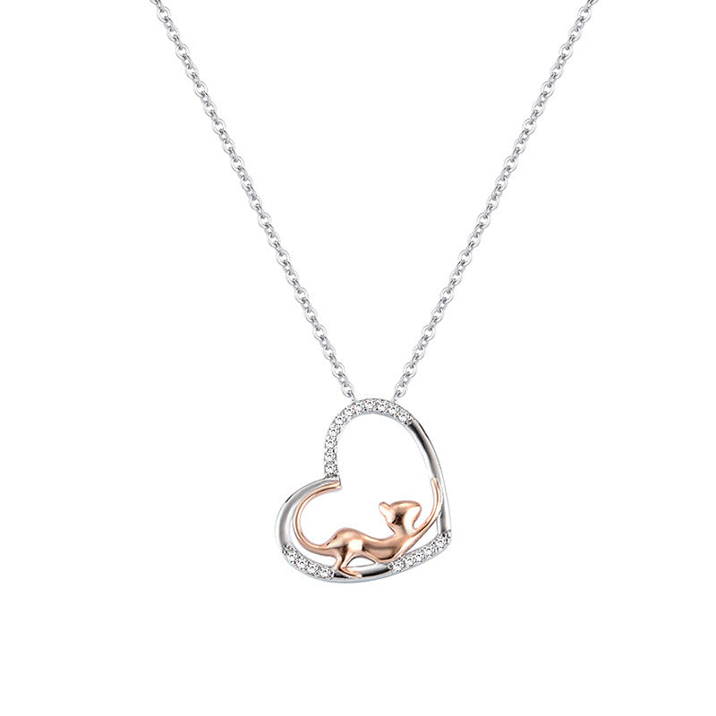 Sterling Silver Accessories Heart Shaped Cat Pendant Diamond Silver Necklace Women