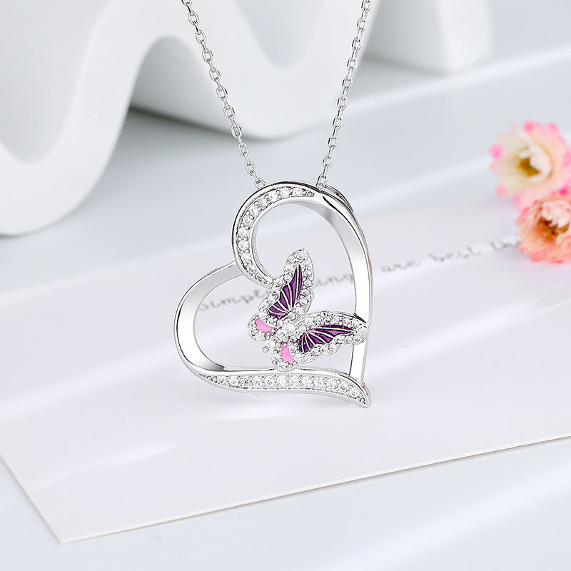 Fashion Ladies Heart Butterfly Diamond Pendant Necklace