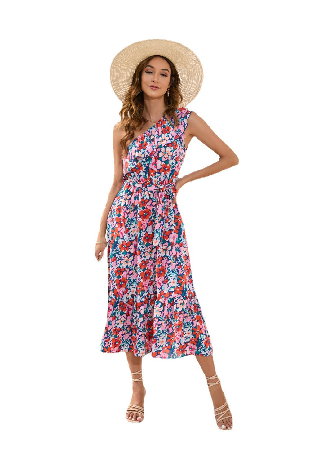 Slanted Shoulder Strap Floral Print Dress Casual Holiday Swing Dress