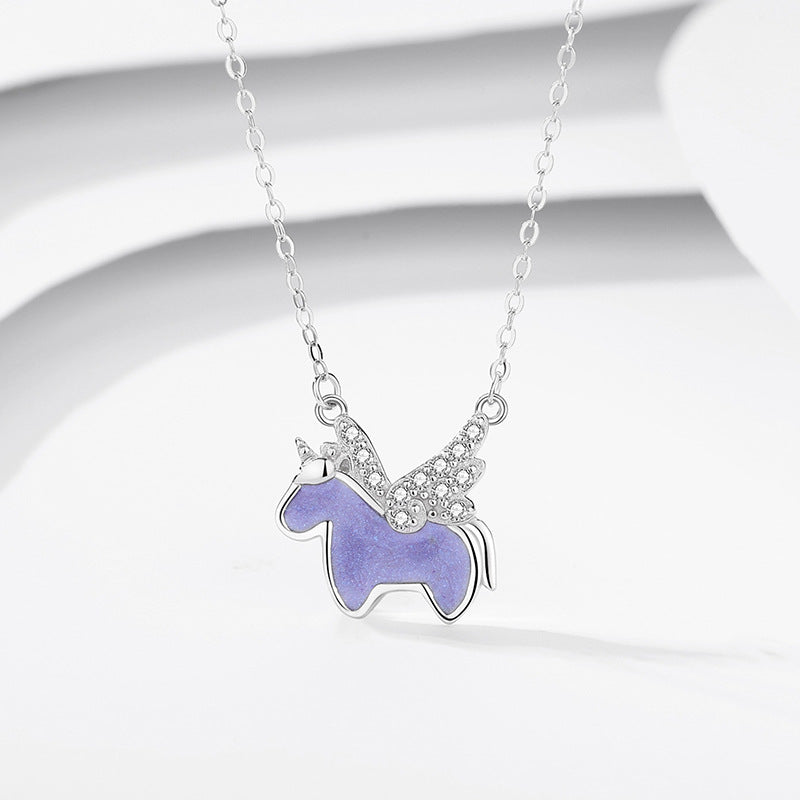 Cartoon Unicorn Necklace Women's Sterling Silver Clavicle Chain Cold Enamel Pendant