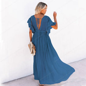 Maxi abito da spiaggia estivo da donna Boho lungo bikini copre abiti casual con scollo a V a vita alta