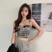 Newspaper Print Camisole Women Slanted Shoulder Hollow Sleeveless Tops Beautiful Back Woman