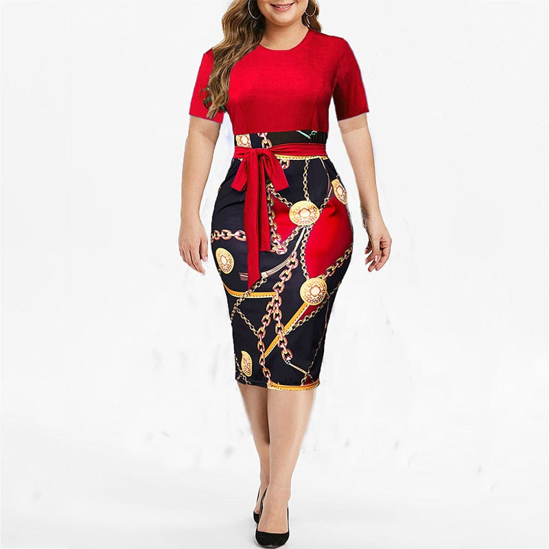 Vintage Print Plus Size Knee-length Dress Womens Summer Short Sleeve Midi Elegant Dresses