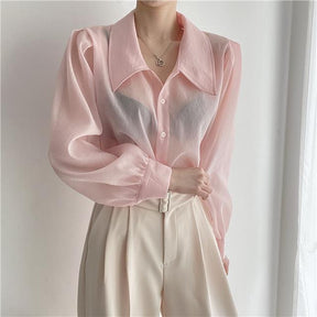 See Through Button Down Shirts Women New Loose Long Sleeve Blouse Female 2022 Summer Suncreen Tops