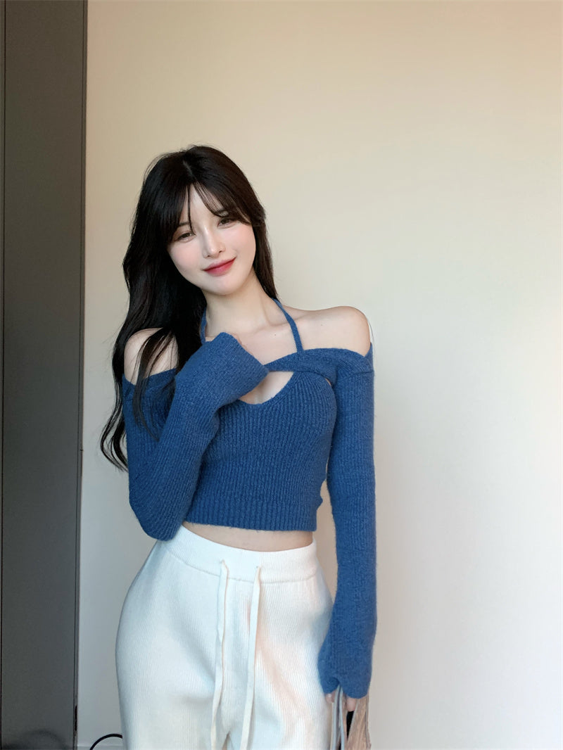 Off Shoulder Tops Women Skinny Slash Neck Halterneck Knitted Shirts y2k Summer 2022