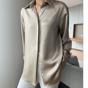 Loose Single-breasted Female Satin Shirts Tops Spring Summer Blusas