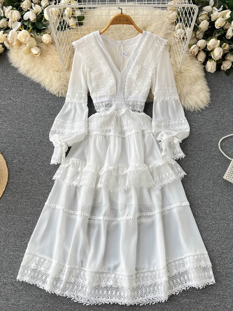 Lace Hollow Out White Dress Women Elegant V-neck Beach Holiday Style Dress