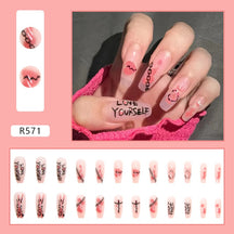 24Pcs/Box Charming Pink Flame Short Fake Nails press on Square Head Full Cover Detachable