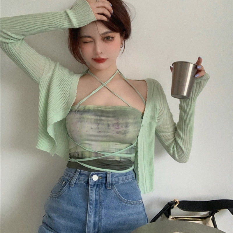 Summer Cardigan Two Piece Sets Women Fashion Slim Green Tie-dye Tops+See Through Thin Knitted