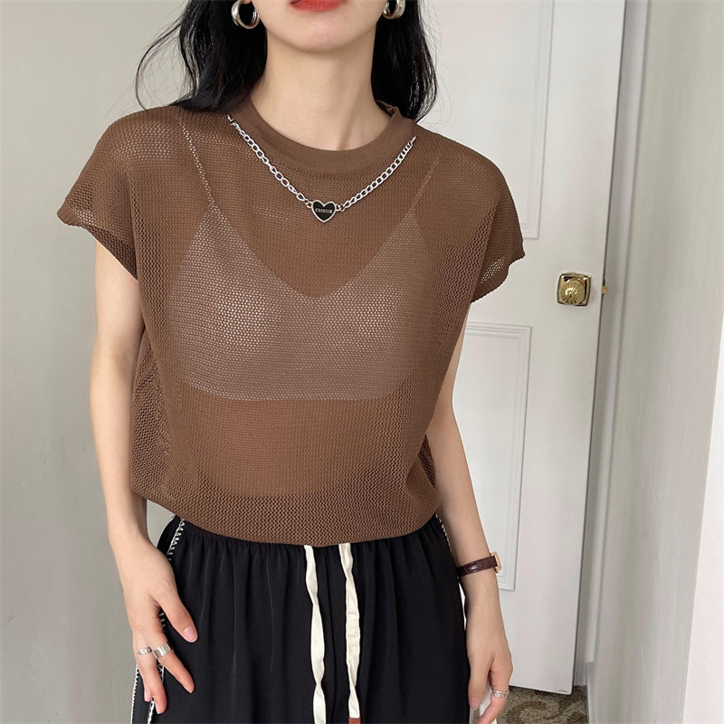 Hohle T-Shirt Kette Frauen Sommer neue einfarbige Kurzarm gestrickte Tops weiblich 2022