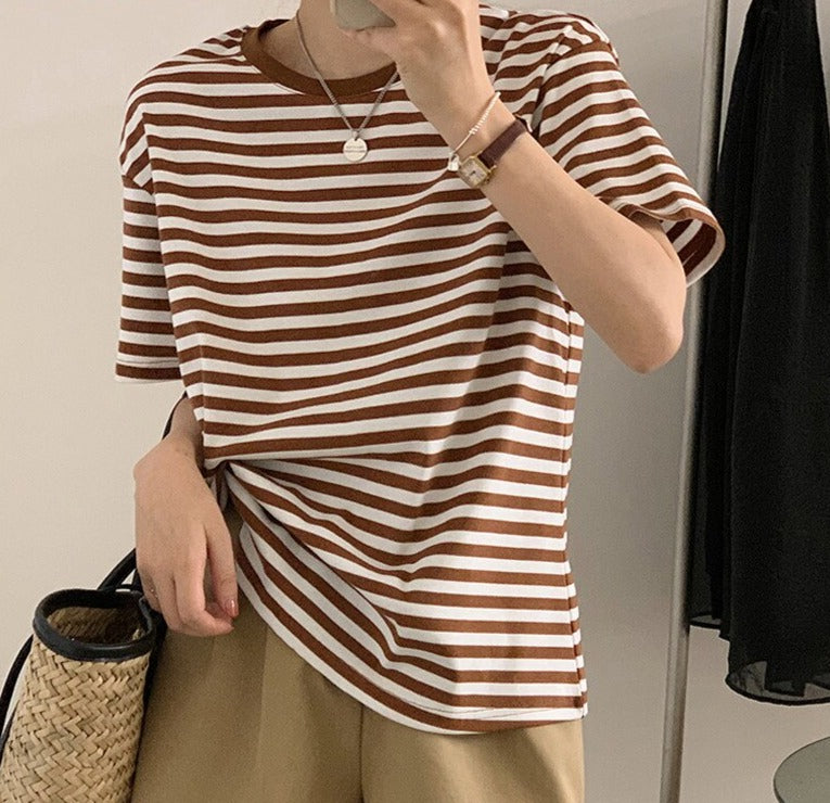 Casual O-neck Women Striped T-shirts  Spring Summer Short Sleeve Loose Female Tops