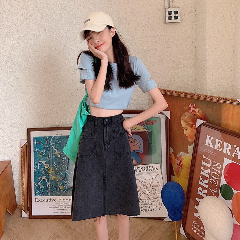 Spring Summer High Waist Denim Skirts Women Casual A-line Zipper Jeans