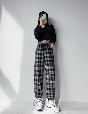 Plaid Pants Women High Waist Drawstring Loose Straight Baggy Pants 2022 Spring and Summer